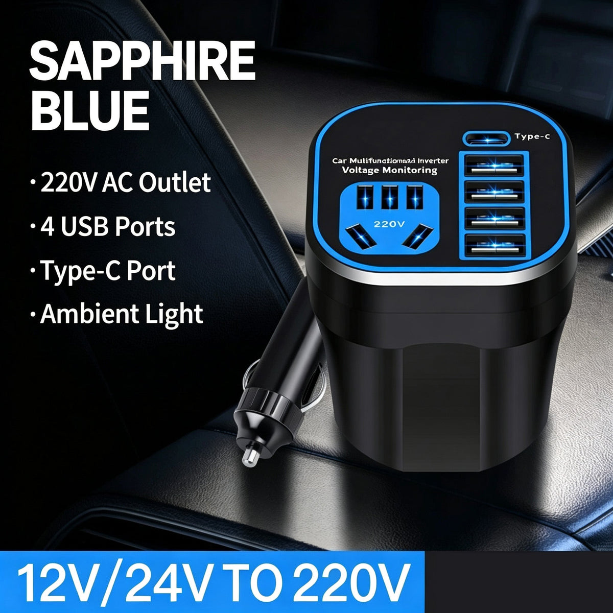 Car Power Inverter 12V 24V To 220V Multi Function Car Charger Converter With USB C QC3.0 Outlet Voltage Display For Truck Vehicle