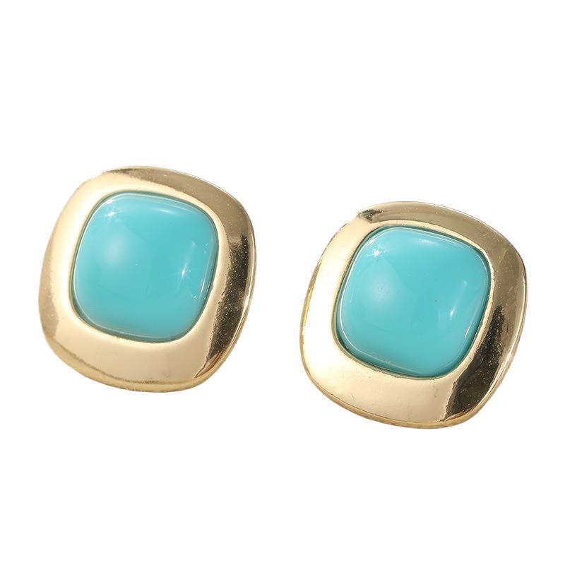 Turquoise Color Square Stud Earrings Gold Tone Brass Women Minimalist Daily Fashion Jewelry Elegant Versatile