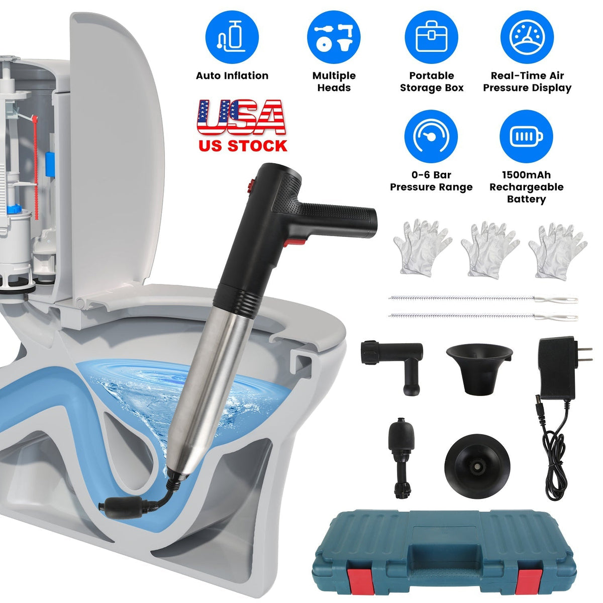 Electric Toilet Plunger High Pressure Air Plunger Air Drain Blaster Drain Clog Remover with Real Time Pressure Display for Toilets Bathroom Floor Drai