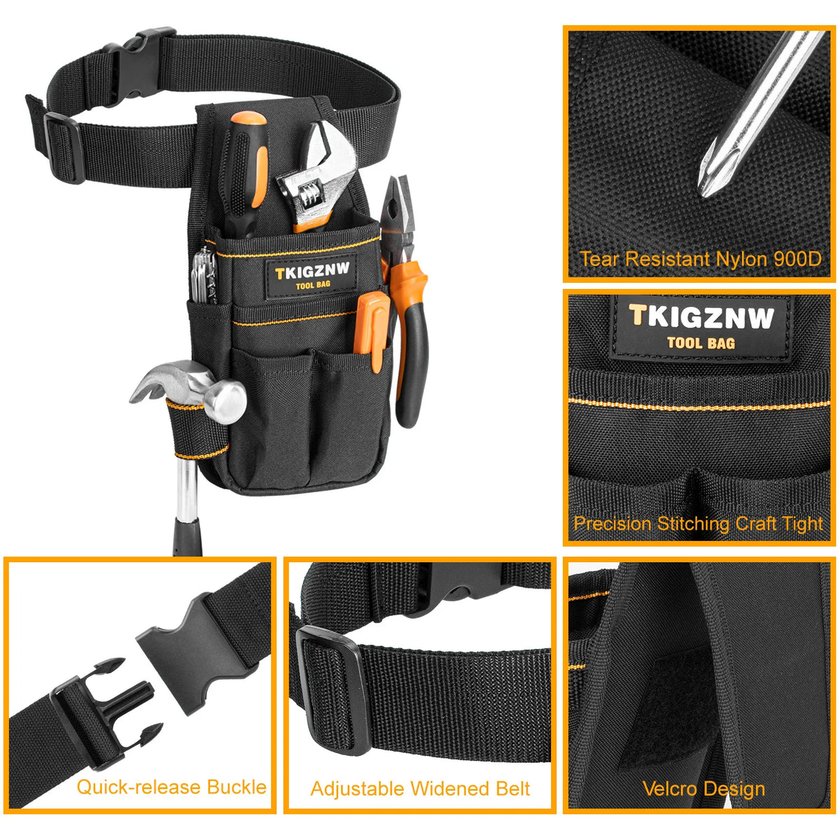 TKIGZNW Pocket Tool Pouch,6-Pouches and 9 Screwdriver Loops Construction, Heavy-Duty Tool Bag with Adjustable Belt for Electrici