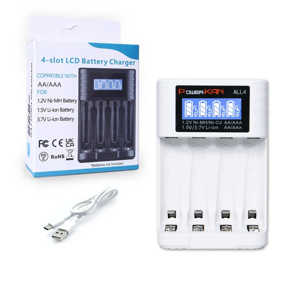 POWERKAN ALL4 AA/AAA 4-slot Small Convenient Battery Charger for 1.2V Hi-MH& 1.5V/3.7VLi-ion With LCD Screen