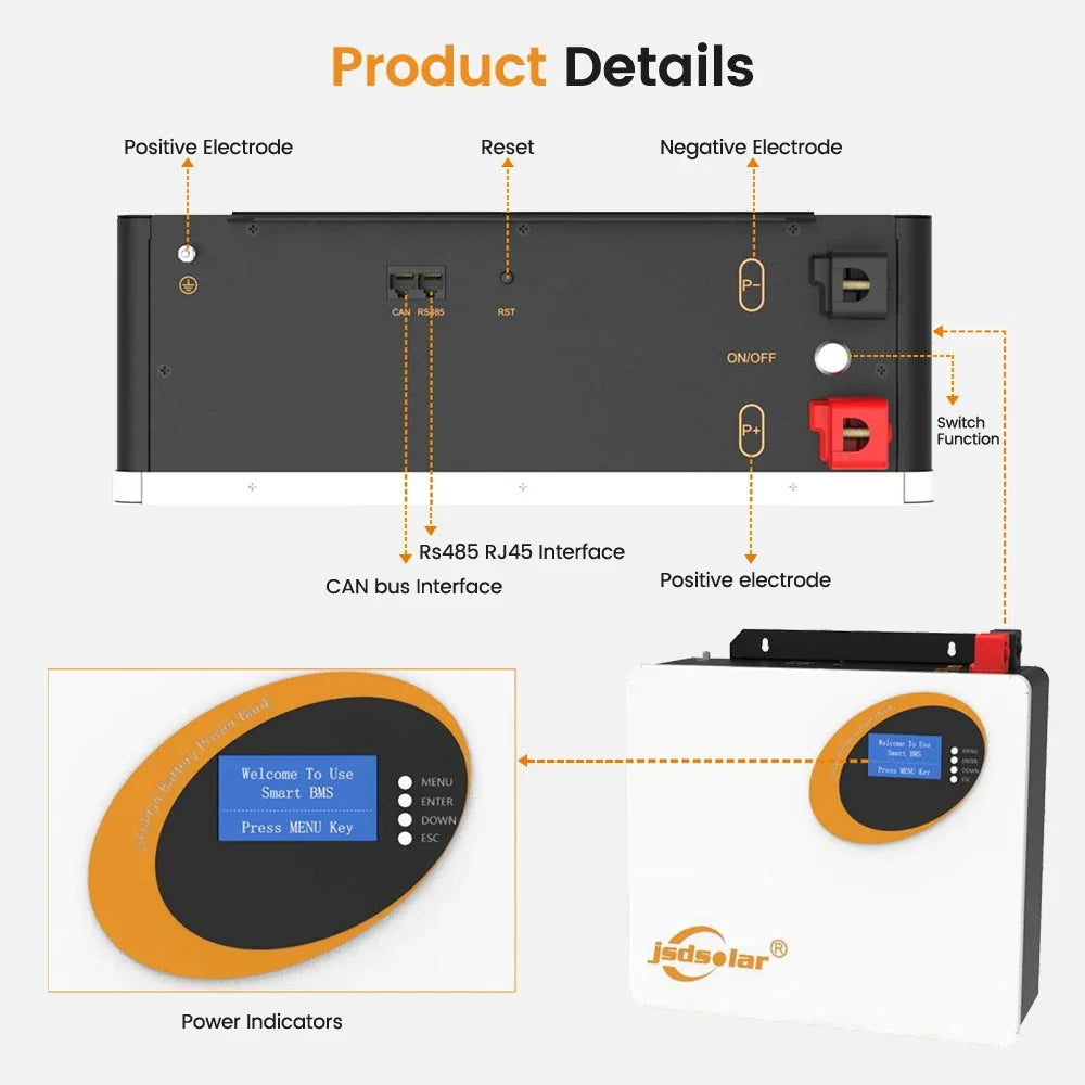 Jsdsolar 25.6V 100Ah LiFePO4 Battery 100A BMS 2560Wh Solar Lithium Iron Phosphate Battery 6000+ Cycles CAN RS485 For Solar Power System