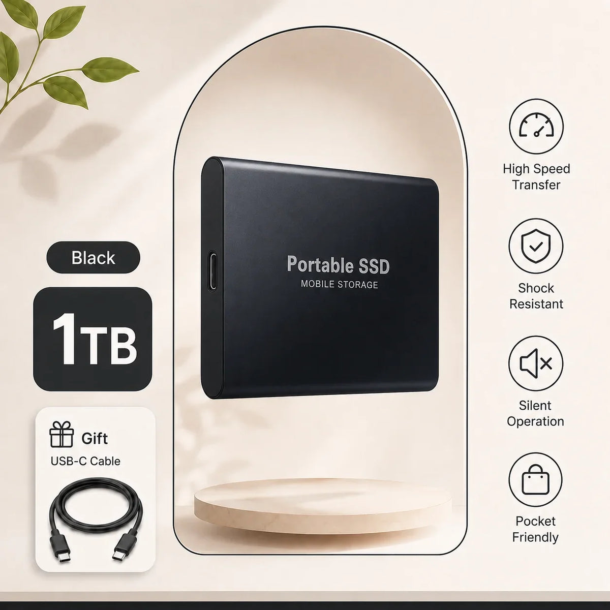 1TB 2TB Shockproof Portable External Hard Drive USB3.2 Type-C SSD Plug Play Hard Disk For Laptop Mac