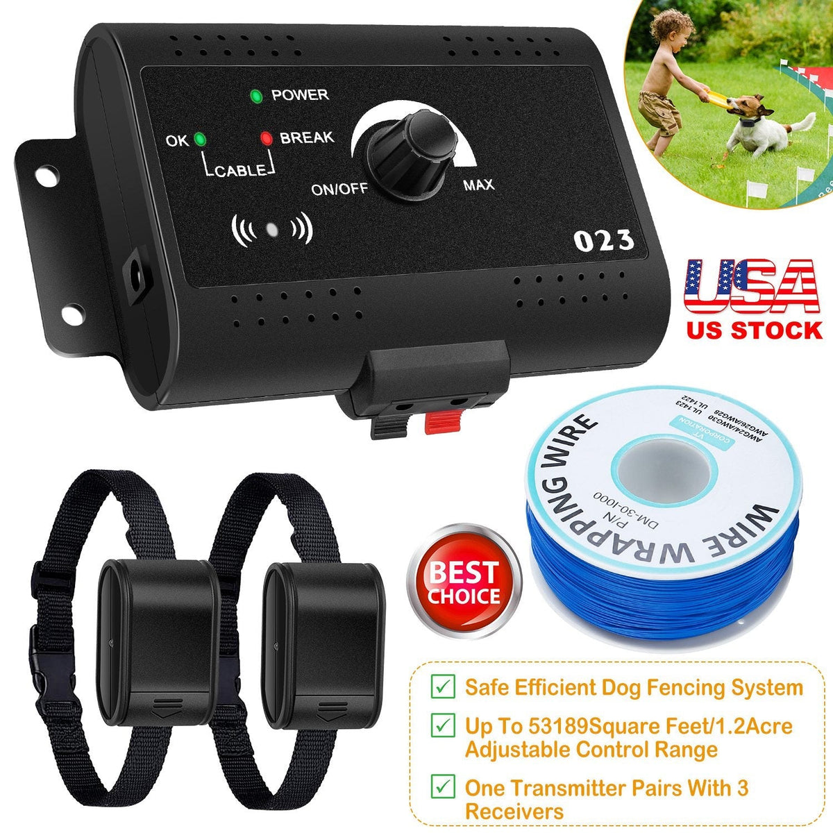 Electric Dog Fence System Pet Tone Shock Boundary Containment Water Resistant Collar Receiver For Small Medium Large Dog