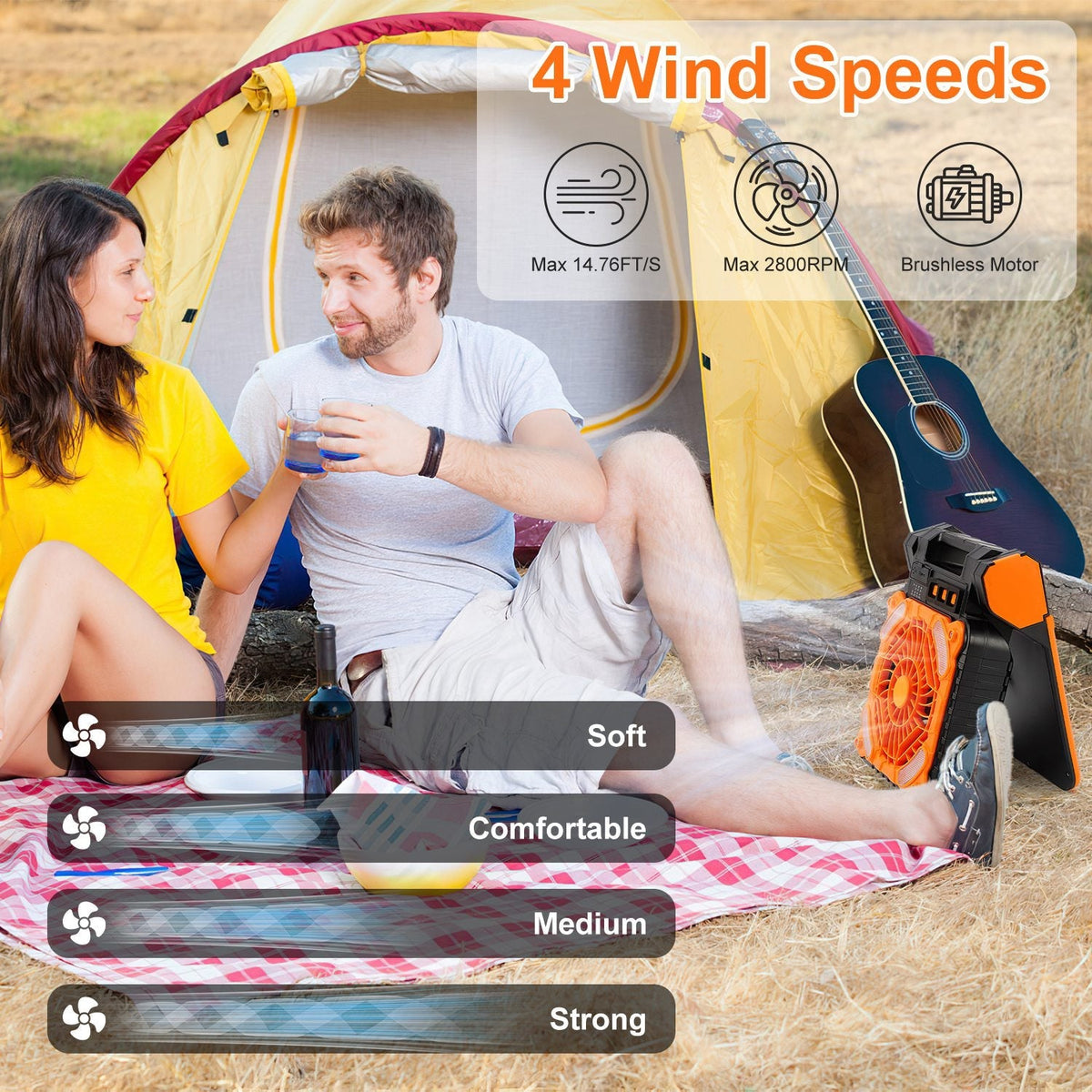 Solar Camping Fan With LED Lantern 5200mAh Rechargeable Battery Operated Portable Fan with Emergency Power Bank 4 Wind Speeds 3 Light Modes 3 Timers f