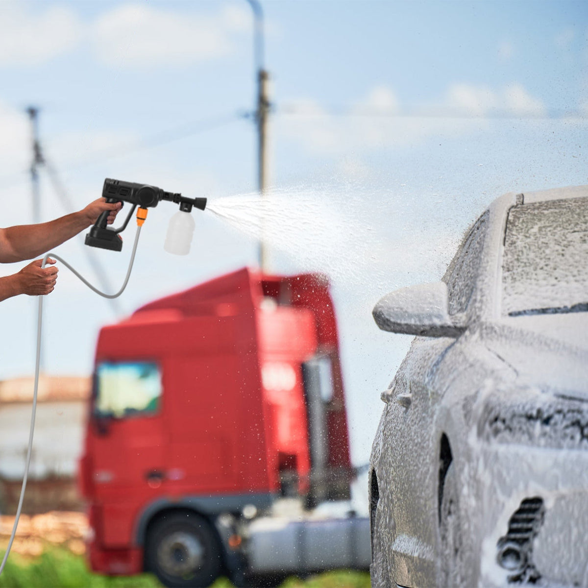 Cordless Pressure Washer With 6 In 1 Nozzle Portable Electric Power Washer High Pressure Water Sprayer 1000PSI Car Washer Cleaner with 6000mAh 21V Rec