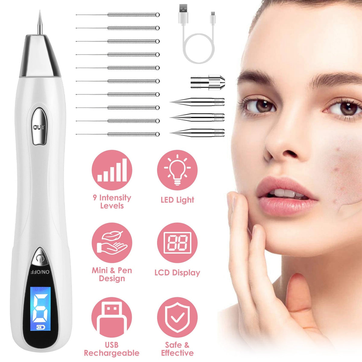 Skin Tag Remover Skin Tag Repair Kit Tattoo Freckle Wart Mole Remover Pen with 9 Intensity Levels 10 Fine Needles 3 Coarse Needles