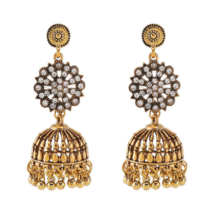 Retro Floral Rhinestone-studded Tassel Stud Earrings