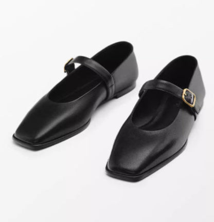 Genuine Leather Square-toe Flat Shoes For Women With Shallow Mouth And Single Strap