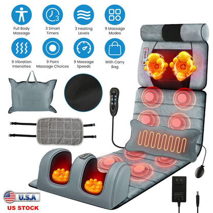 Full Body Electric Massage Mat Heating Vibration Massage Pad Cushion Back Massage Mattress Chair Pad with Neck Foot Massage Head Pillow and Cloth Lumb