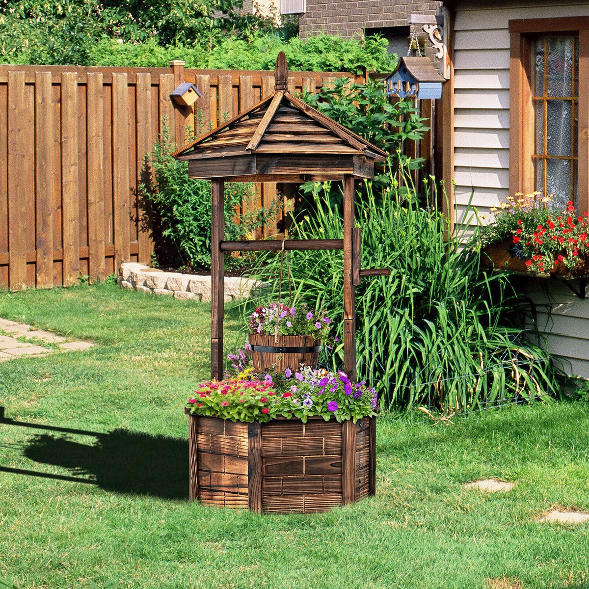 Rustic Wooden Wishing Well with Adjustable Hanging Bucket-Brown