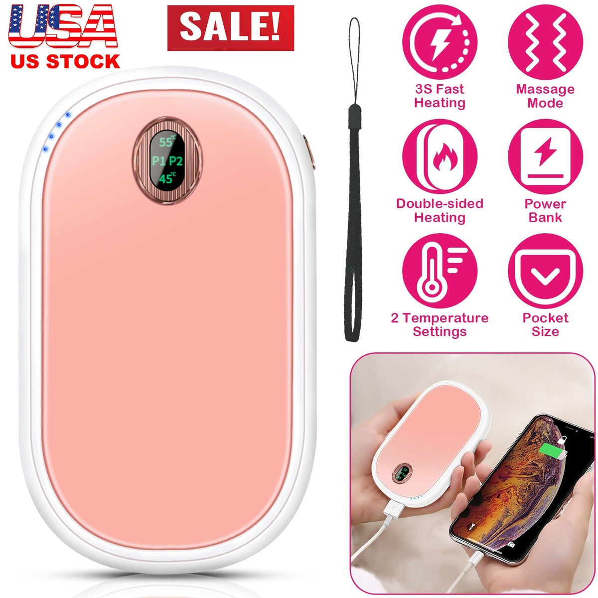 Rechargeable Hand Warmer Electric Hand Heater Portable Reusable Pocket Warmer Power Bank with Digital Display 2 Levels Double-sided Heating