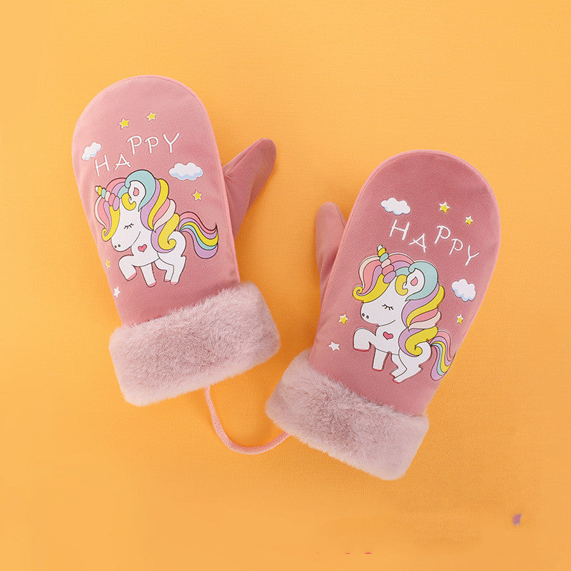 Boys and Girls Cartoon Cute Warm and Velvet Pupil Lanyard Mittens