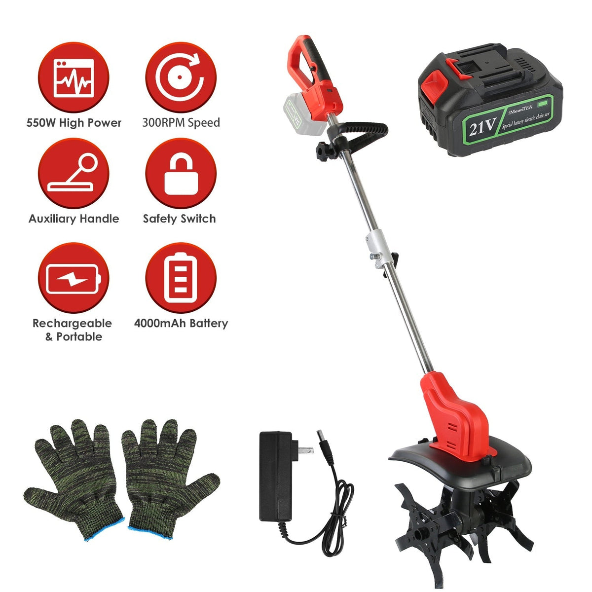 21V Electric Cordless Tiller Cultivator Powered Garden Tiller with 4 Blades 16 Steel Tines 550W 300RPM 4000mAh Battery Tilling 9-in Width & 9-in Depth