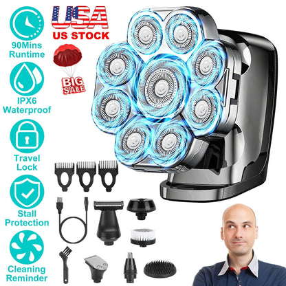 6 In 1 9D Electric Head Shaver for Men Cordless Rechargeable Wet Dry Razor with LED Display Travel Lock Stall Protection Cleaning Reminder