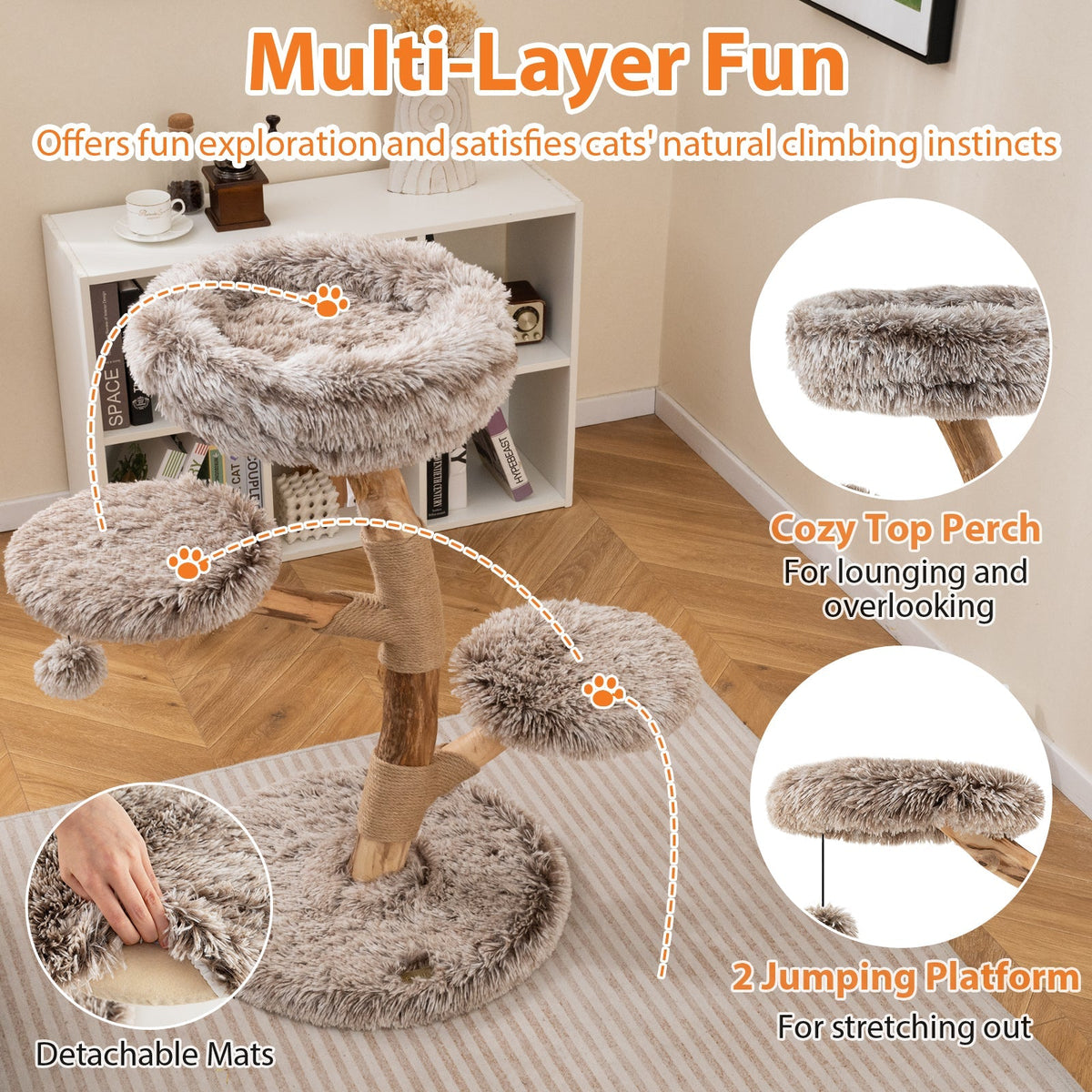 Cat Tree Solid Pear Wood with Perch and Natural Jute Scratching Posts-Brown