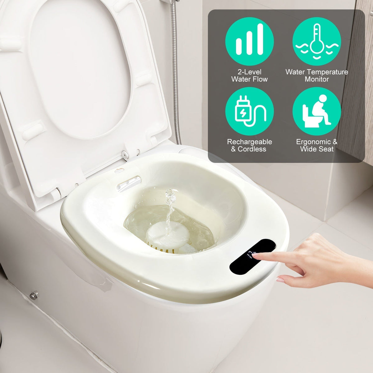 Electric Sitz Bath Tub Sits Bath Soak Pan Salts BowlÊPostpartum Care Basin for Toilet Seat with 2-Level Water Flow Water Temperature DisplayÊ1500mAh B