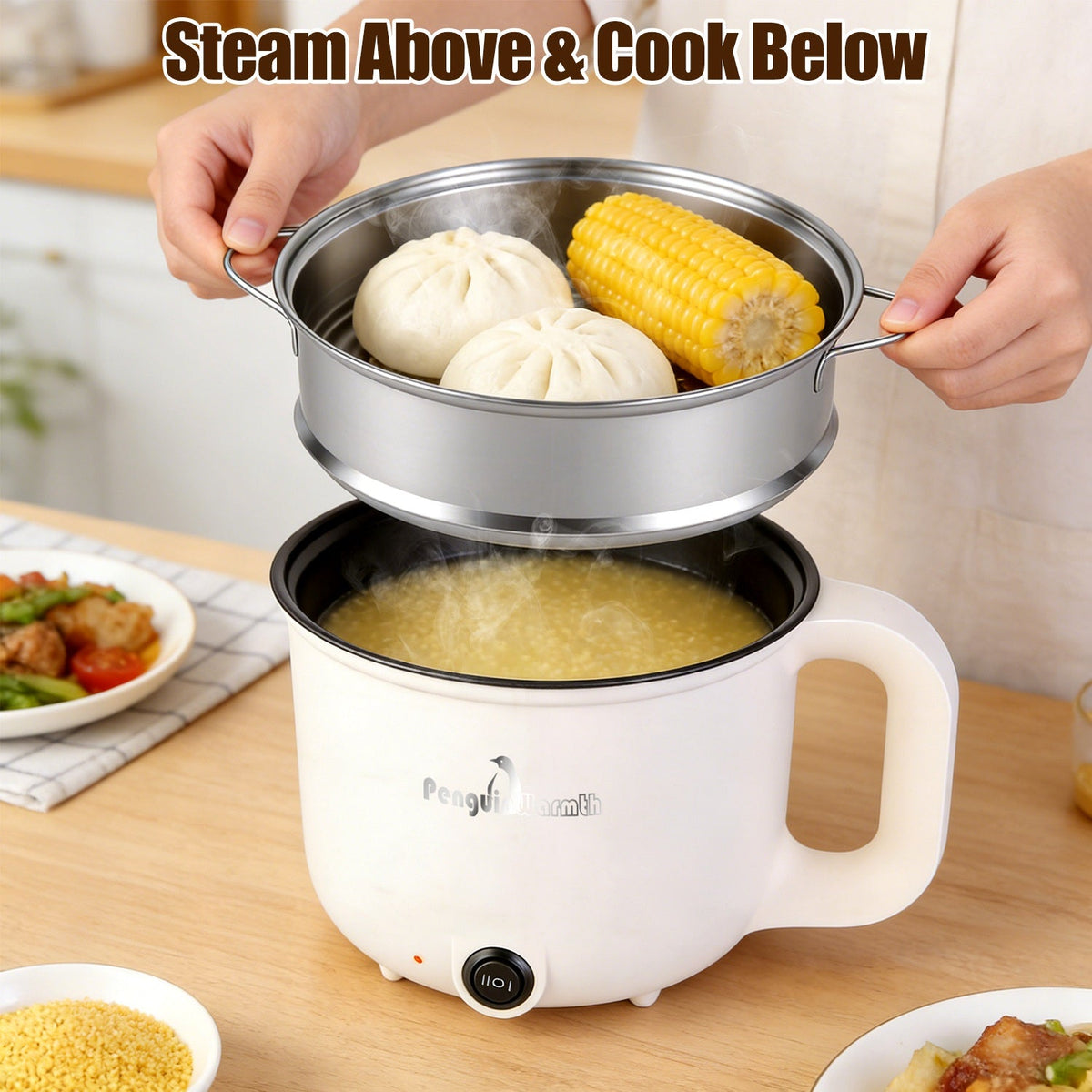 Electric Hot Pot with Steamer 1.8L Dual Power Ceramic Cooker