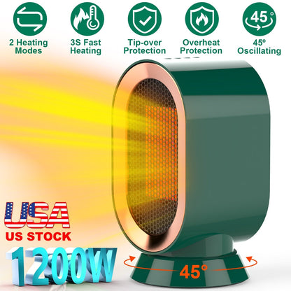 1200W Oscillating Electric Space Heater Mini Desk Heater with 2 Modes 3S Fast Heating Tip-over Overheat Protection for Home Office