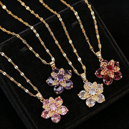 Women Rotatable Flower Titanium Steel Clavicle Necklace, Minimalist Micro Paved  Multicolor Zircon Fashion Trendy Cross Border Pendant Chain