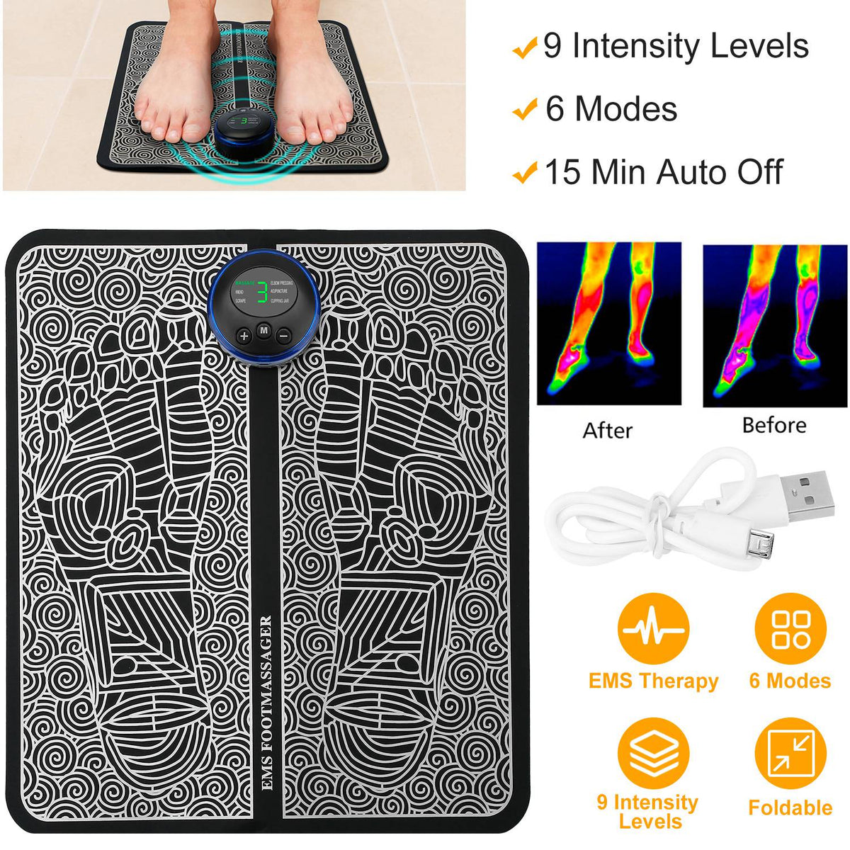EMS Foot Massage Pad Electric Stimulator Massager Unit Rechargeable Leg Reshaping Muscle Pain Relax Massage Mat w/ 6 Modes 9 Intensity Levels