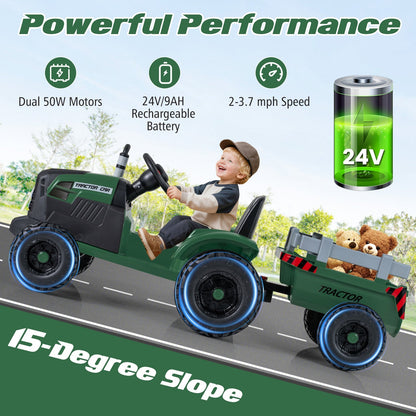24V Ride On Tractor for Kids Electric Vehicle with Detachable Trailer and Remote Control