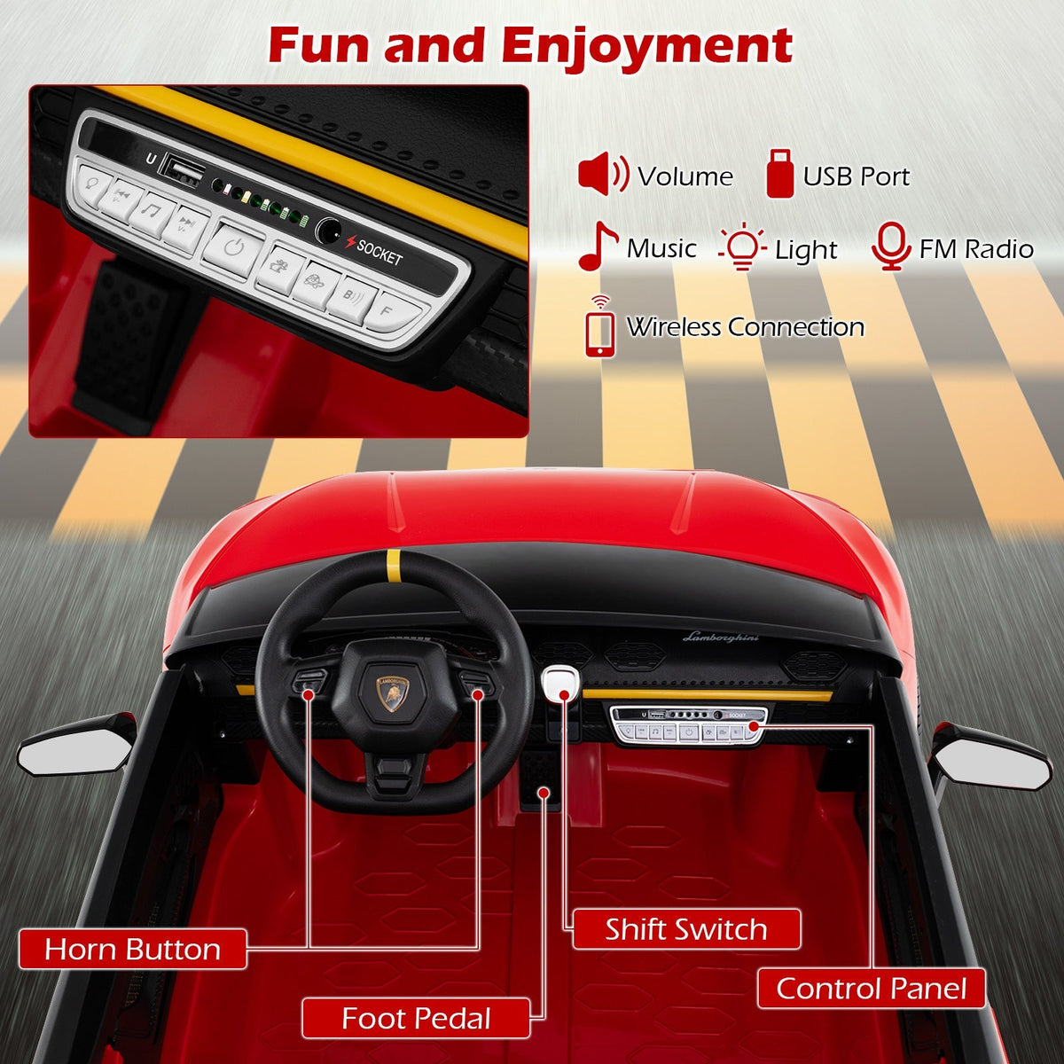 24V Ride-on Car for Kids 4WD 2-Seater Licensed Lamborghini Electric Vehicles with Music