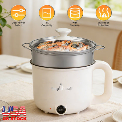 Electric Hot Pot with Steamer 1.8L Dual Power Ceramic Cooker