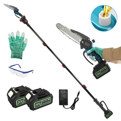 2-In-1 8Ó Cordless Electric Pole Saw and Mini Chainsaw with Extension Poles 2Pcs 21V 3.0Ah Batteries Adjustable Length Chain Saw With Auto Oiler Safet