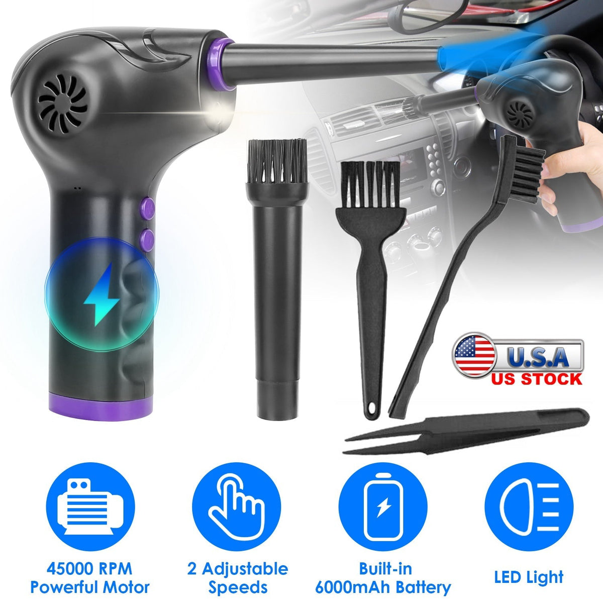 Electric Cordless Air Duster Blower Compressed Air Duster for Computer Keyboard PC Portable Rechargeable Air Blower with Built-in LED Light