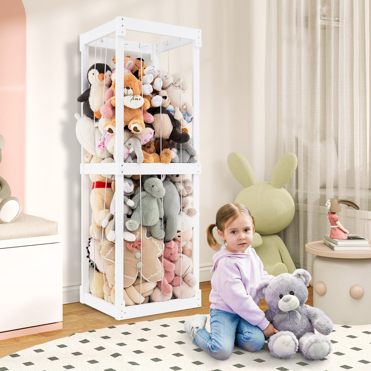 300L Large Stuffed Animal Storage with Open Top and Elastic Cords-White