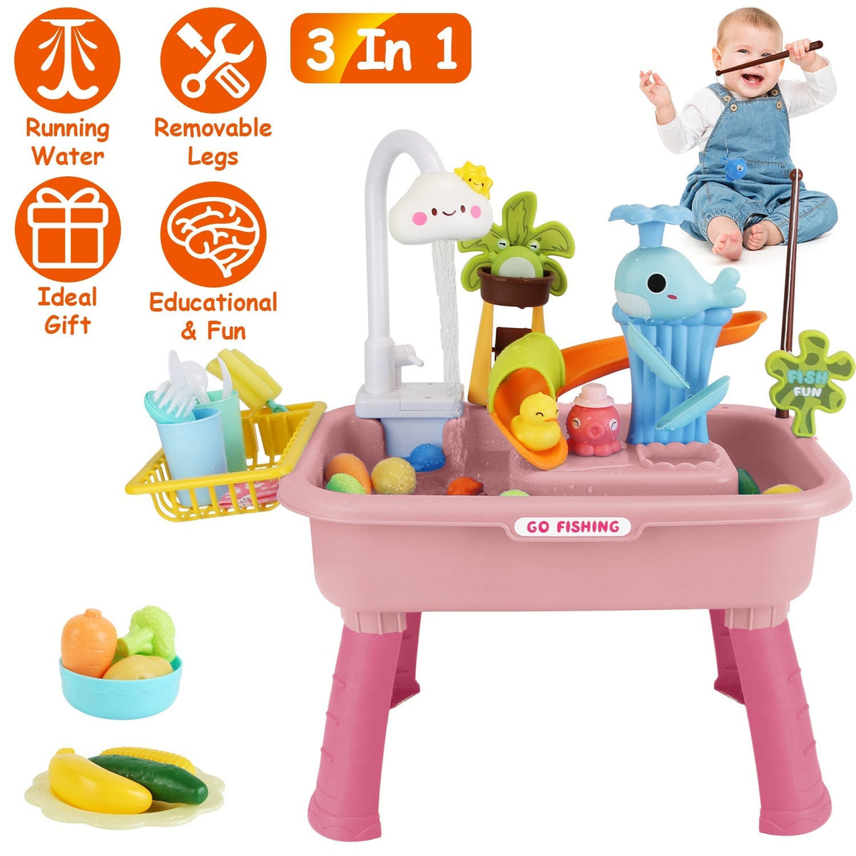 3 In 1 Kitchen Sink Toy with Electric Faucet Water Table Fishing Game Role Play Sink Set Indoor Outdoor for Kids Aged 3+ Years Old