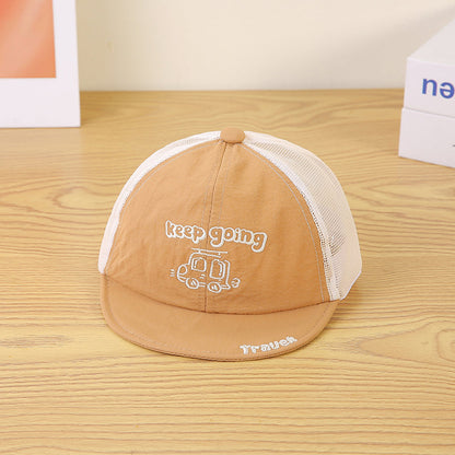 Children's Single-color Cartoon Car Embroidered And Pieced Together Net Fabric Breathable And Cool Fashion Short-brimmed Baseball Cap For Outdoor Travel