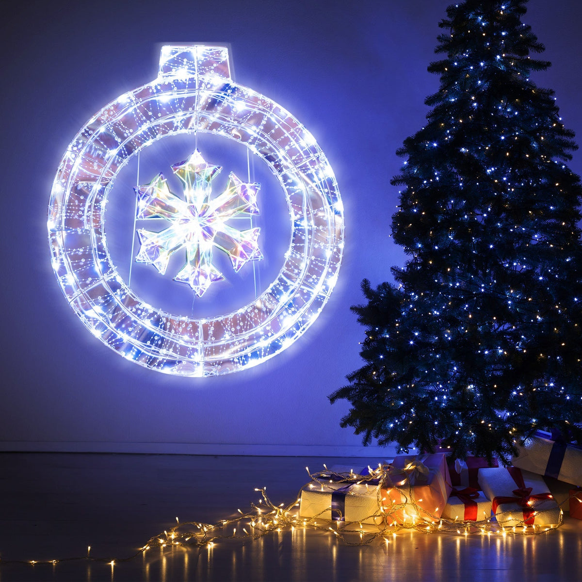 33 Inch Lighted Snowflake Wreath with Hanging Ring and Support Bracket