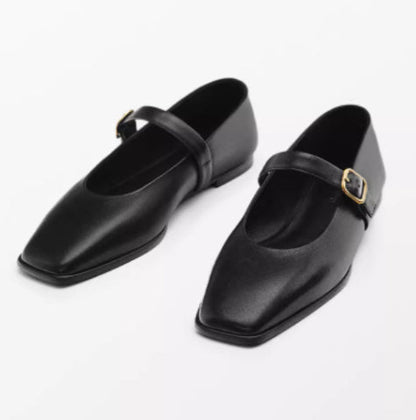 Genuine Leather Square-toe Flat Shoes For Women With Shallow Mouth And Single Strap