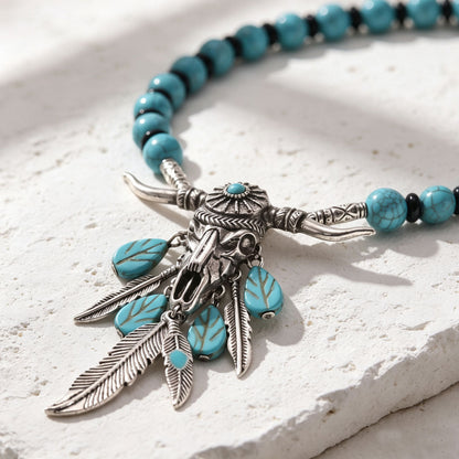 Women Hip Hop Vintage Choker Necklace, Unique Bull Head Turquoise Braided Design Versatile Collarbone Neck Jewelry