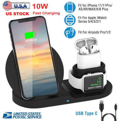 Wireless Charger 10W Fast Charging Station For iPhone Apple iWatch Series 5/4/3/2/1 AirPods Fit For iPhone 11/11Pro/XS/XR/MAX/X/8 Plus/8 Samsung Galax