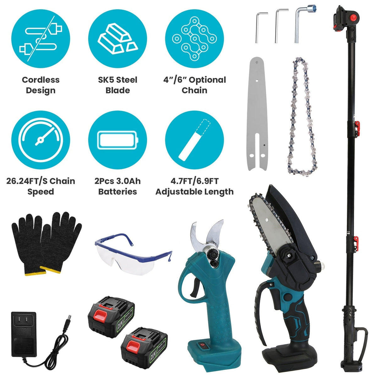 4 in 1 Cordless Pruning Shear and Electric Chainsaw With Max 5.5FT Extension Poles 4Ó/6Ó Pole Saw SK5 Blade Brushless Pruning Shear With 2Pcs 3.0Ah Ba