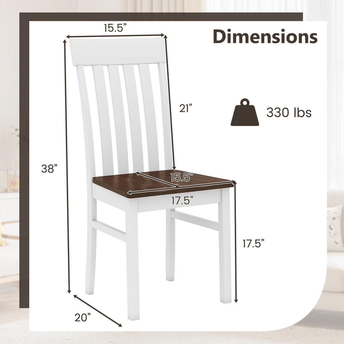 Set of 2 Kitchen Armless Dining Chairs with Slatted High Backrests-White