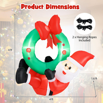 4 ft Inflatable Santa Claus Wreath with Red Bow and 5 LED Lights