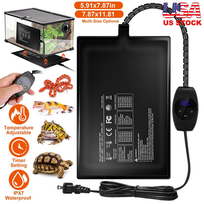 Electric Reptile Heating Pad With 32-122¡F Temperature Adjustment IPX7 Waterproof Timer Setting Under Tank Heating Mat for Lizards Turtles Snake Spide