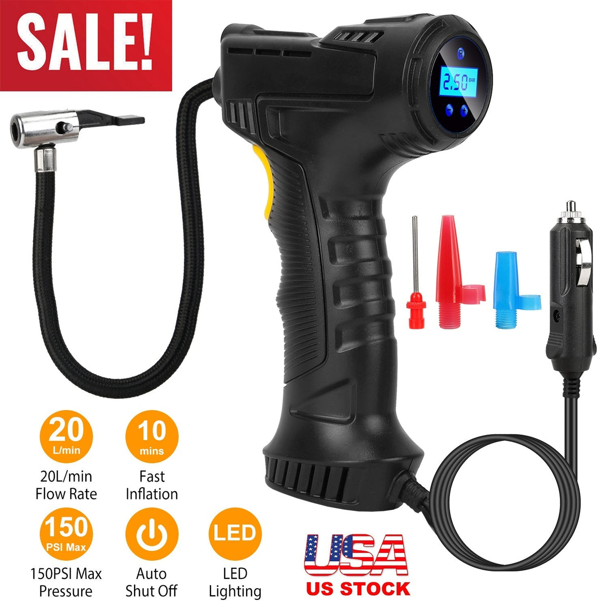 Portable Car Tire Inflator DC 12V Digital Car Air Pump Compressor Electric Air Pump w/LED Light 150PSI