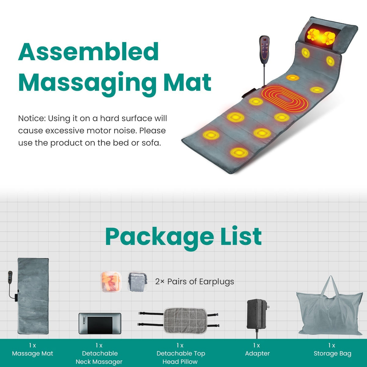 Full Body Electric Massage Mat – Heated, 10-Motor Vibration, Neck Pillow