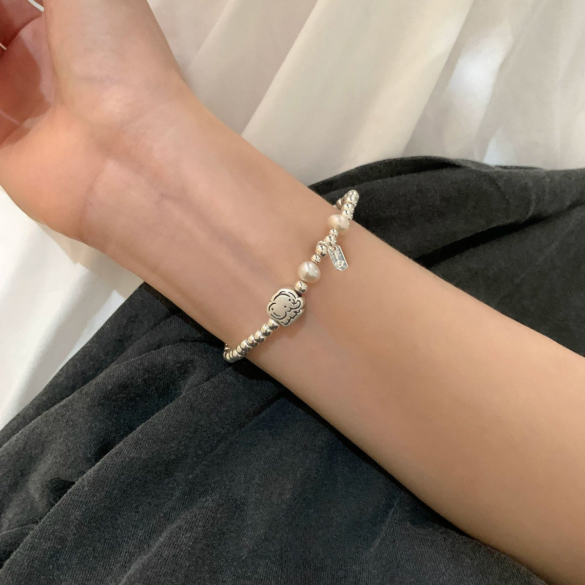 Women New Simple Cute Elephant Pearl Spliced Elastic Beaded Bracelet, Lovely Peace Small Tag Versatile Personalized Wrist Jewelry