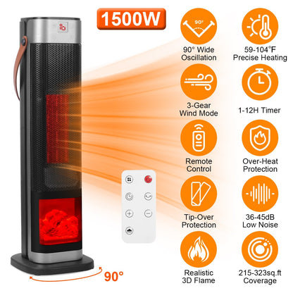 1500W Oscillating Ceramic Tower Space Heater with 3D Flame Portable Electric Heater with 3 Wind Modes 59-104℉Heating Remote Control 12H Timer Overheat