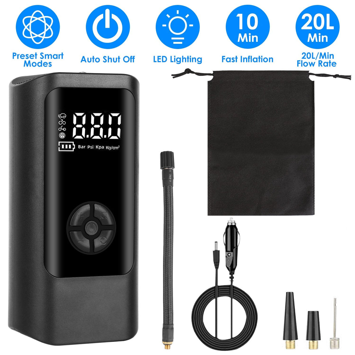 Car Tire Inflator Pump Portable Car Air Compressor Corded Electric Air Pump With LED Light