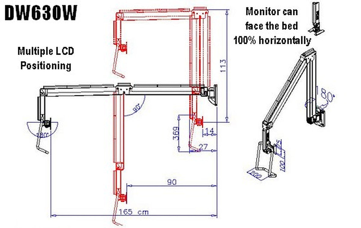 DW630W  Extra Long Reach Wall Monitor Arm  Over the Bed 63 inch long
