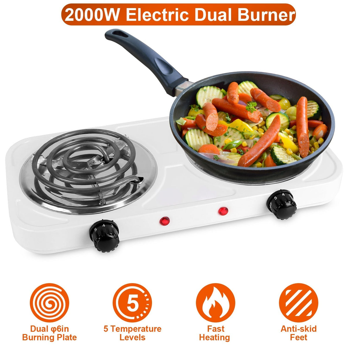 2000W Electric Double Burner Portable Coil Heating Hot Plate Stove Countertop RV Hotplate with Non Slip Rubber Feet 5 Temperature Adjustments