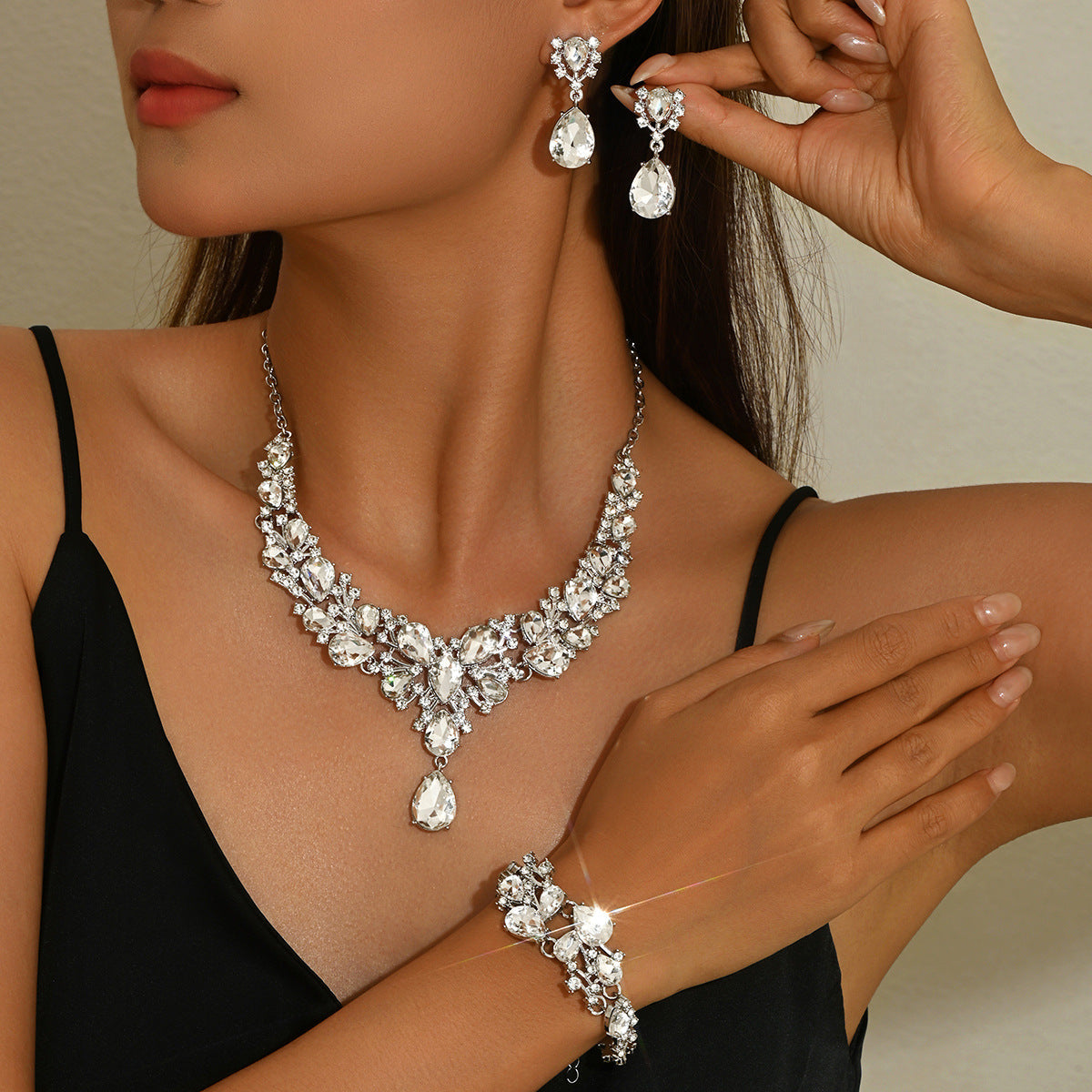 Waterdrop Alloy Statement Necklace Earrings Bracelet Set 3Pcs Bridal Wedding Banquet Women Jewelry Set For Wedding Party Evening Occasions