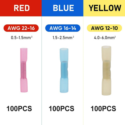 300Pcs Heat Shrink Butt Connector Solder Seal Wire Sleeve Connector Waterproof Insulated Electric Butt Splice Wire Terminals for Marine Trailers Cars